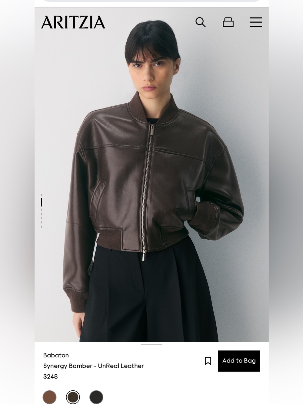 Aritzia Synergy Brown Leather Unreal Bomber Jacket Mocha Brown